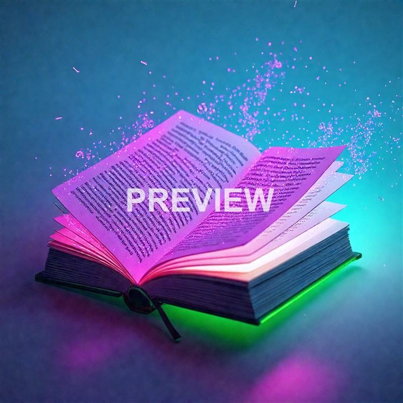 An open book with glowing pink pages, emitting a sparkling purple dust that appears to be floating into the air against a gradient blue background.