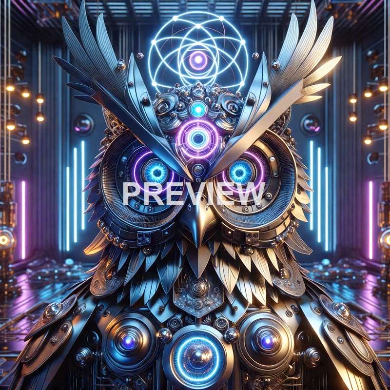 A highly detailed, futuristic owl sculpture made of metallic parts and illuminated with vibrant neon lights, set in a high-tech environment with glowing accents.