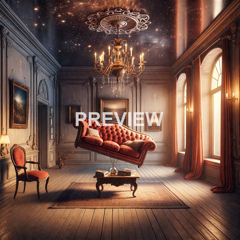 An ornate room with classical decor featuring detailed wall moldings, framed paintings, a large chandelier, and a surreal floating red velvet sofa, all illuminated by natural light from tall arched windows, with a starry sky and galaxy visible on the ceiling.